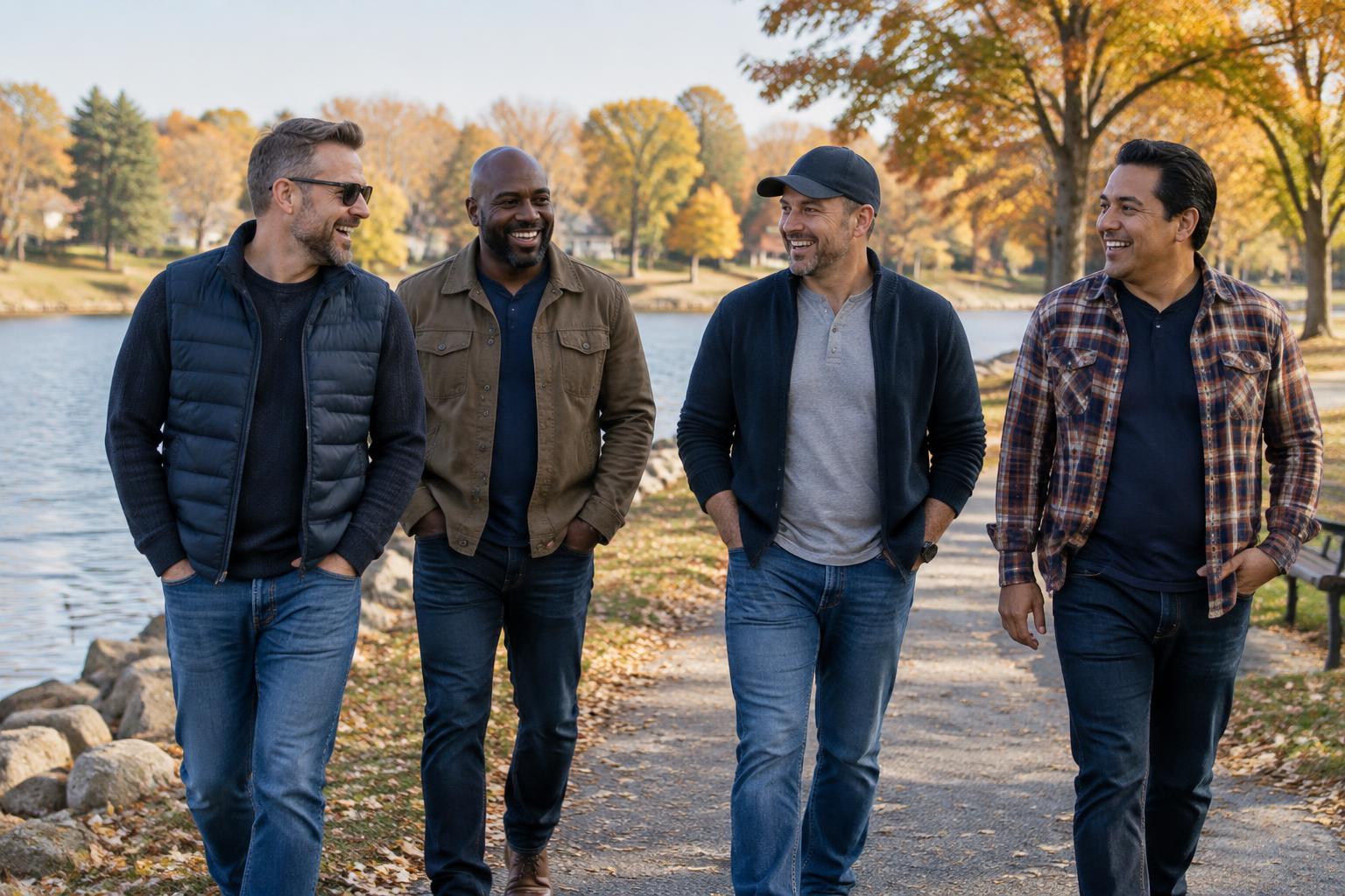 Four fathers walking and laughing together beside a lake