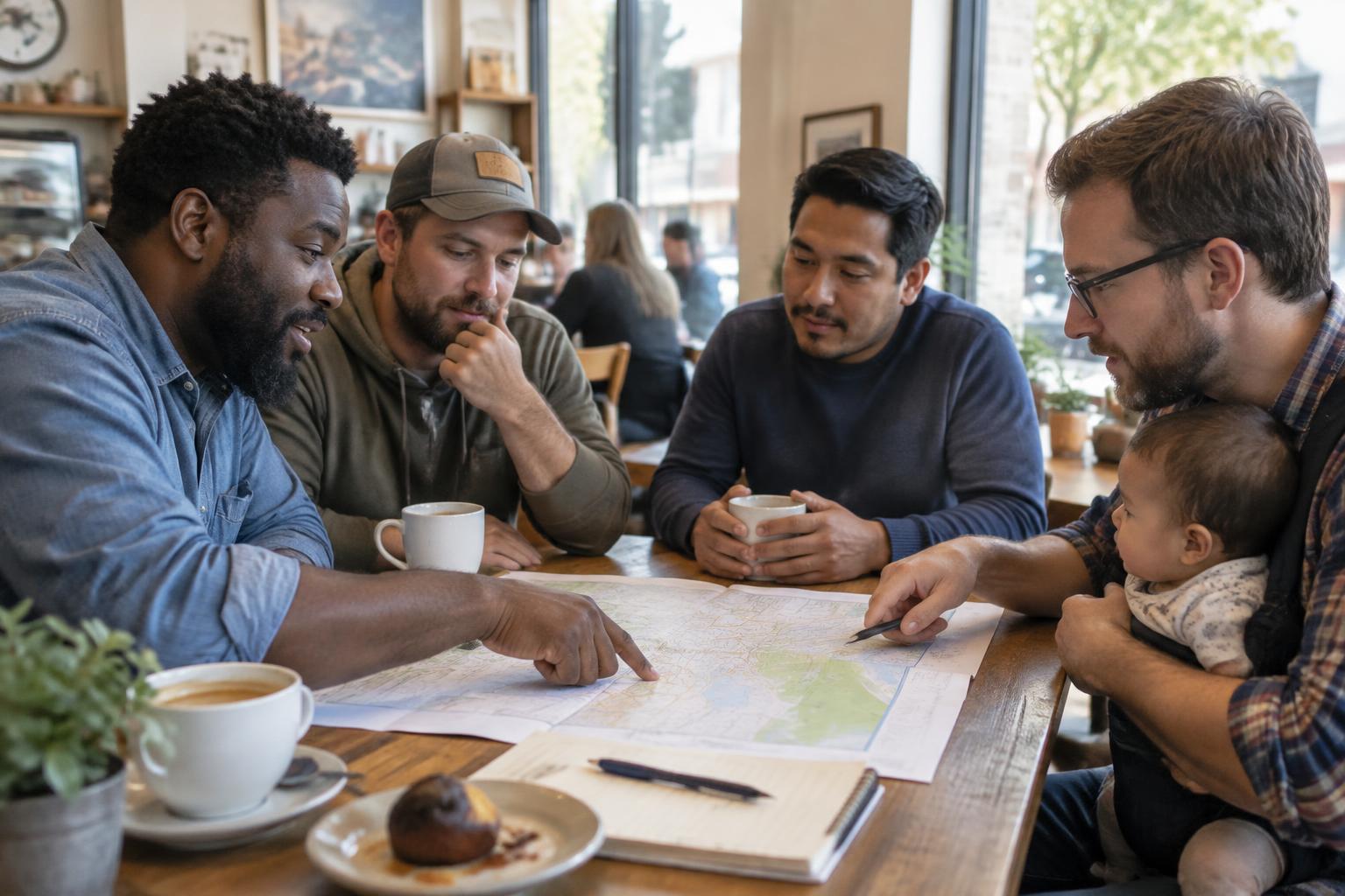 Fathers planning a local Brotherhood chapter around a table