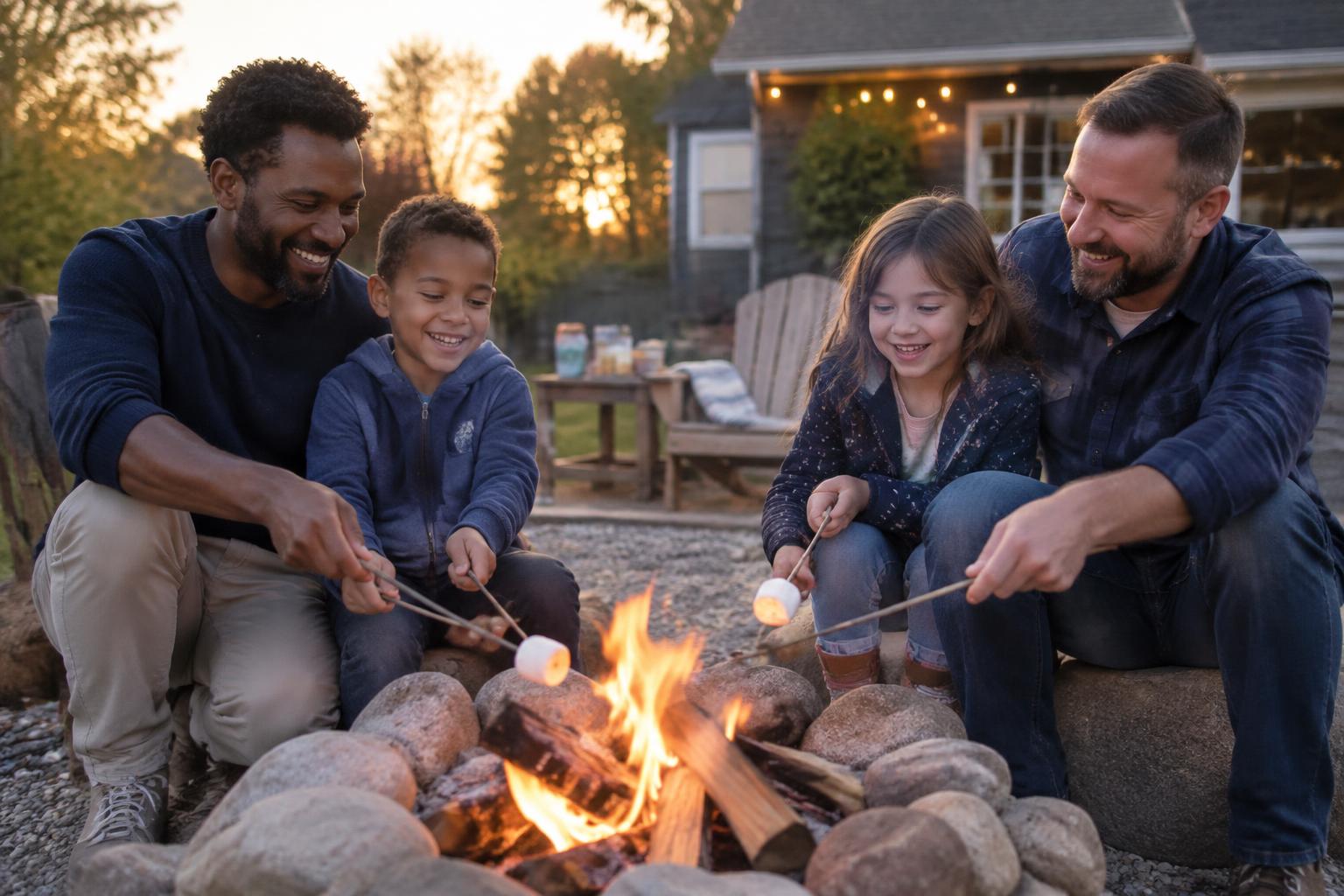 Dads and children spending an evening around a campfire